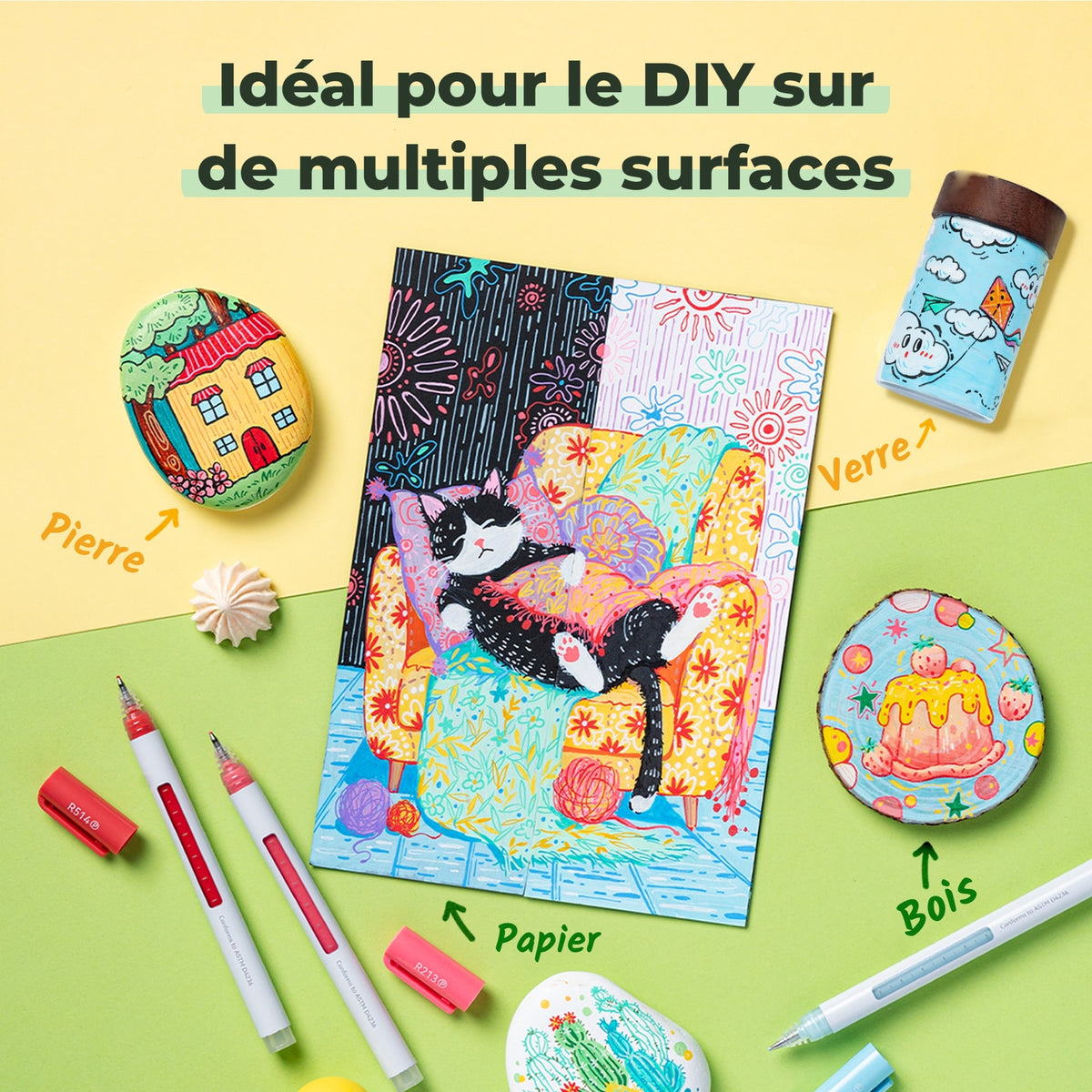 Stylos acryliques Ohuhu Wai Momi utilisés sur pierre, verre, bois et papier pour des créations DIY