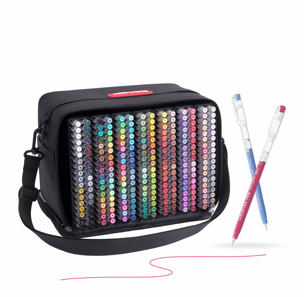 Trousse noire des 252 stylos gel Languo x Qimiart 0,6 mm ouverte sur les stylos alignés, avec deux stylos à corps transparent et un tracé rose