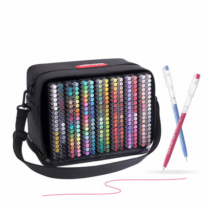 Trousse noire des 252 stylos gel Languo x Qimiart 0,6 mm ouverte sur les stylos alignés, avec deux stylos à corps transparent et un tracé rose