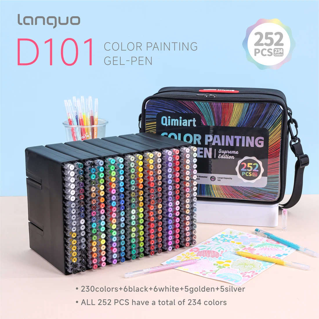Set Languo x Qimiart D101 de 252 stylos gel 0,6 mm, édition Supreme, avec sa trousse noire à bandoulière, les stylos rangés en rangs et une page de coloriage