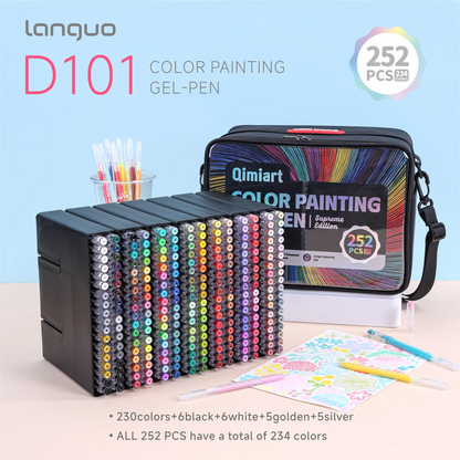 Set Languo x Qimiart D101 de 252 stylos gel 0,6 mm, édition Supreme, avec sa trousse noire à bandoulière, les stylos rangés en rangs et une page de coloriage