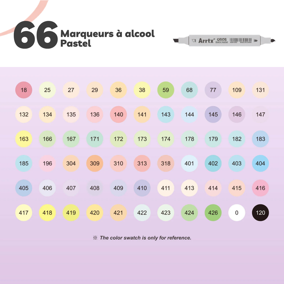 Nuancier des 66 marqueurs à alcool Arrtx OROS pastel, chaque teinte numérotée