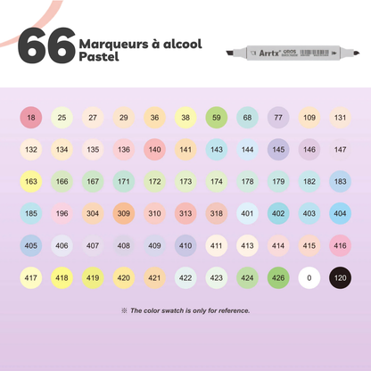 Nuancier des 66 marqueurs à alcool Arrtx OROS pastel, chaque teinte numérotée